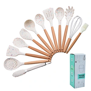 amazon top seller silicone kitchen utensils tool set cookware sets silicone cooking utensils with Wooden Handles