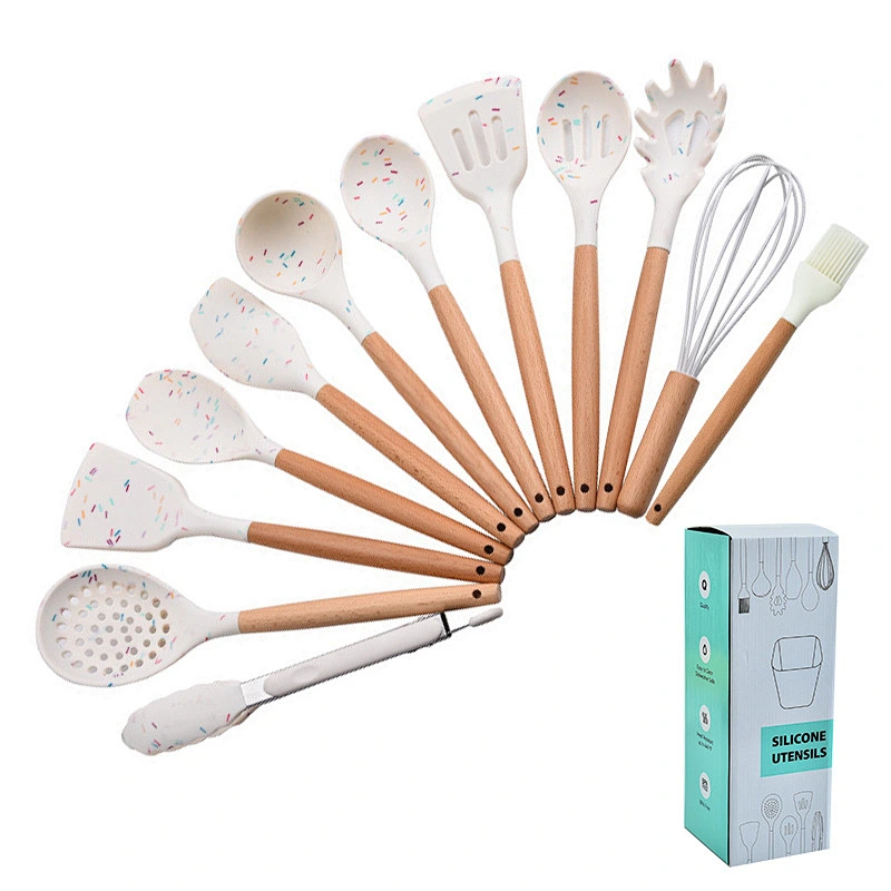 amazon top seller silicone kitchen utensils tool set cookware sets silicone cooking utensils with Wooden Handles