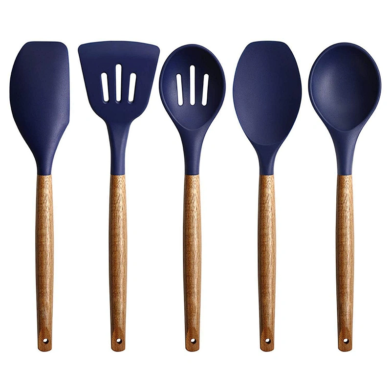 5 Pieces Silicone Cooking Utensils set Kitchen Gadgets Non Stick Silicone Kitchen Utensils Set with Wood Handle