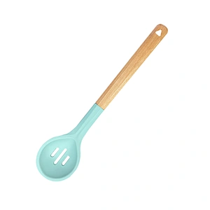 2022 Heat Resistant Non Stick Cooking Utensil Mixing spoon Silicone Wood Handle Kitchen Slotted Spoon