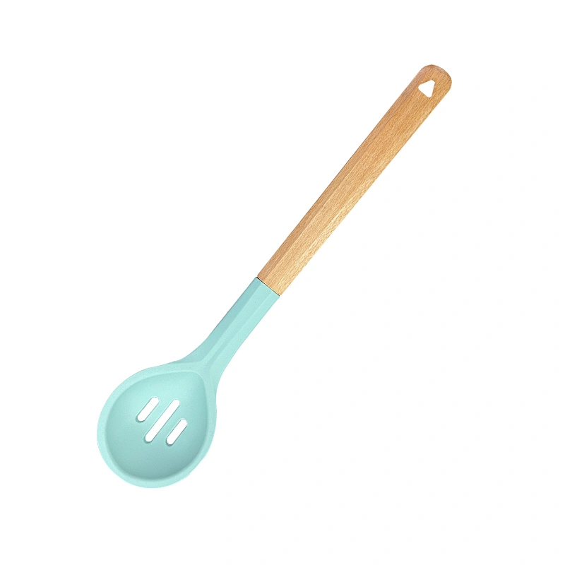 2022 Heat Resistant Non Stick Cooking Utensil Mixing spoon Silicone Wood Handle Kitchen Slotted Spoon