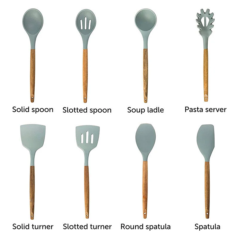 8 pcs Silicone Kitchen Utensil Set Silicone Kitchen Accessories Cooking Utensils Set With Natural Acacia Wooden