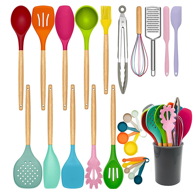26PCS Silicone Kitchen Utensils Set Heat-Resistant Cookware sets Silicone Cooking Utensils Set with Wooden Handle