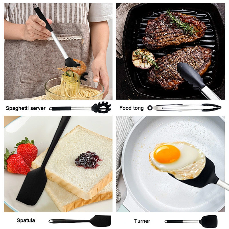 15pcs Silicone Cooking Utensil Set Non-stick Heat Resistant Silicone Kitchen Cooking Utensils Set with Stainless Steel Handle