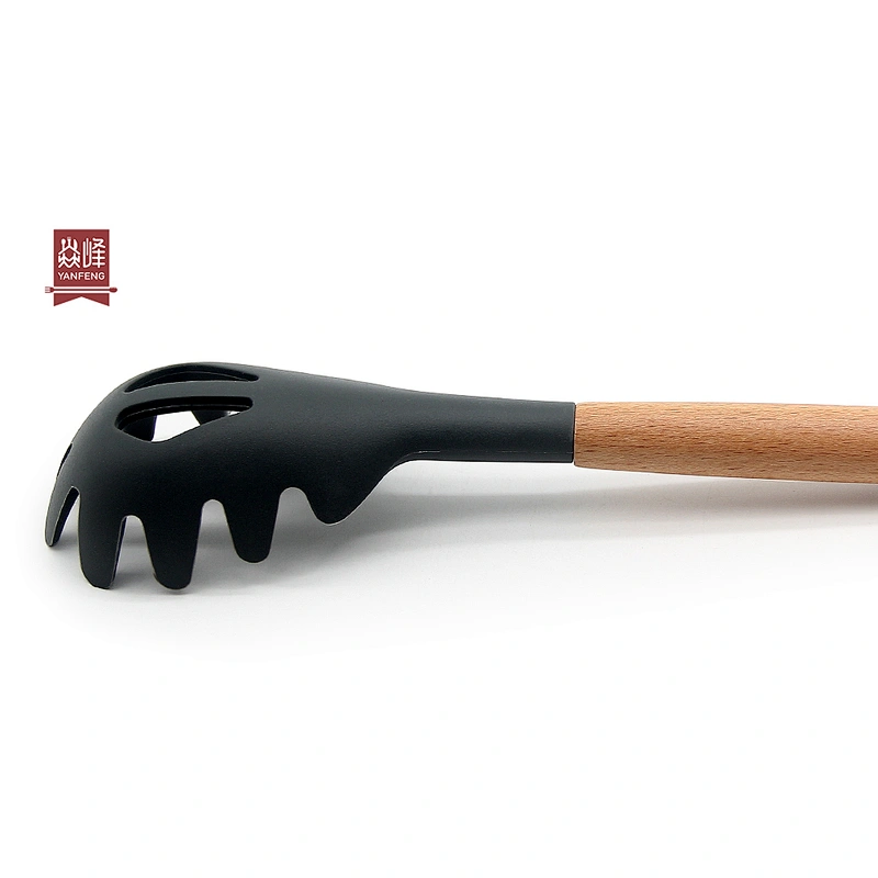 Kitchen Accessories Gadgets Tools Slotted Spaghetti Strainer Server Fork Spoon Silicone Pasta Spaghetti Server with wood handle