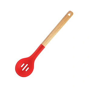 2022 Heat Resistant Non Stick Cooking Utensil Mixing spoon Silicone Wood Handle Kitchen Slotted Spoon