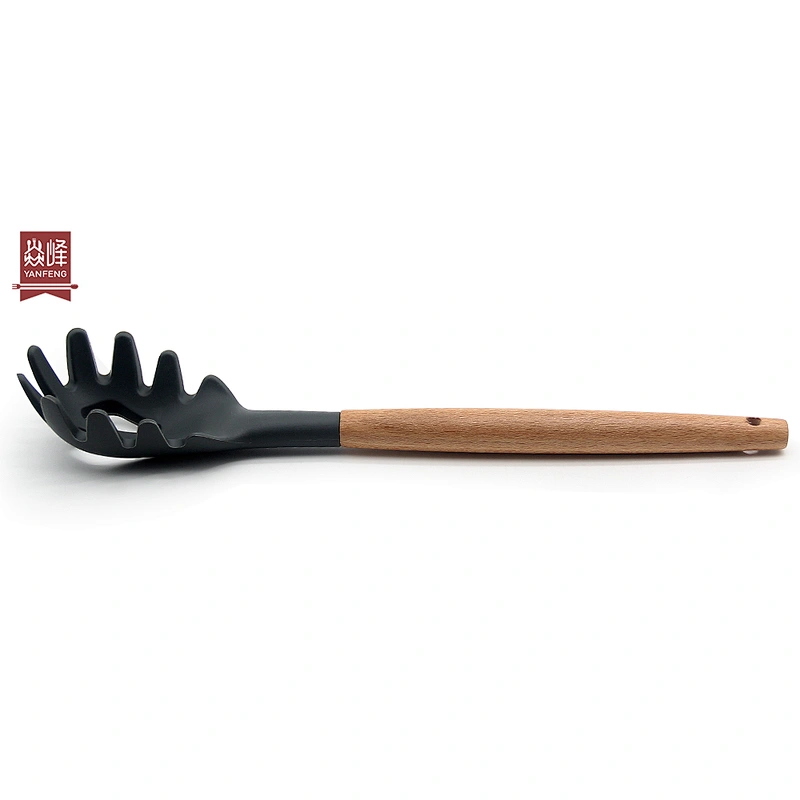 Kitchen Accessories Gadgets Tools Slotted Spaghetti Strainer Server Fork Spoon Silicone Pasta Spaghetti Server with wood handle
