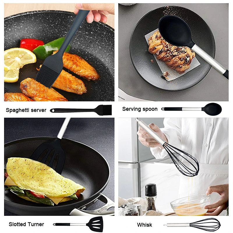15pcs Silicone Cooking Utensil Set Non-stick Heat Resistant Silicone Kitchen Cooking Utensils Set with Stainless Steel Handle