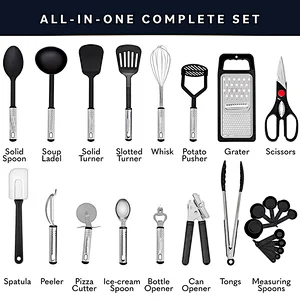Amazon Hot Selling kitchen utensils supplier Cookware Sets Nylon kitchen  utensils Stainless steel handle Cooking Utensils Set