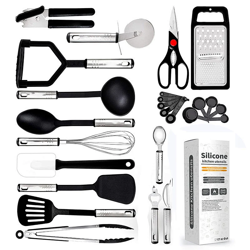 Amazon Hot Selling kitchen utensils supplier Cookware Sets Nylon kitchen  utensils Stainless steel handle Cooking Utensils Set