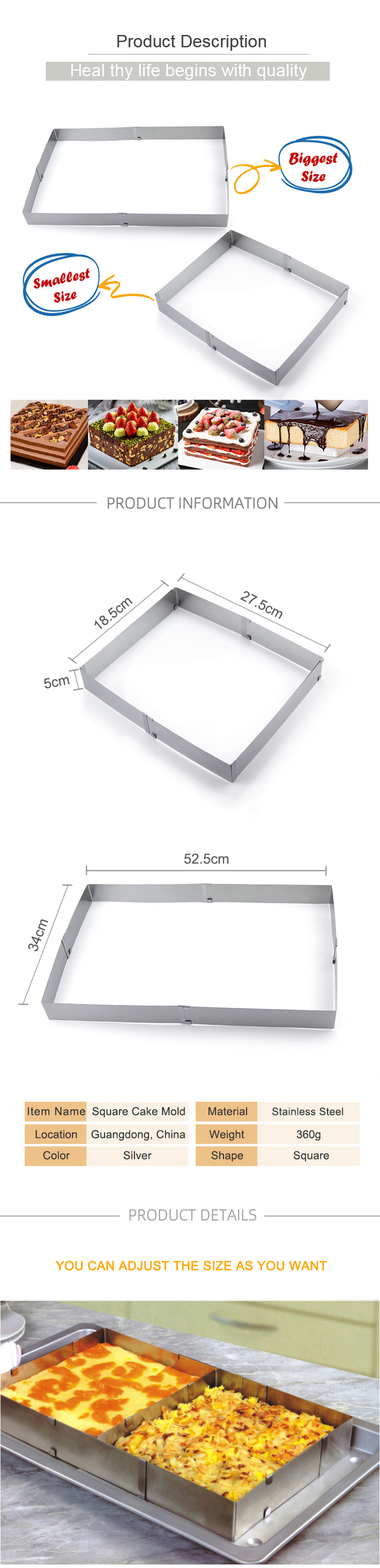 Hot sales professional big size stainless steel square adjustable cake mold