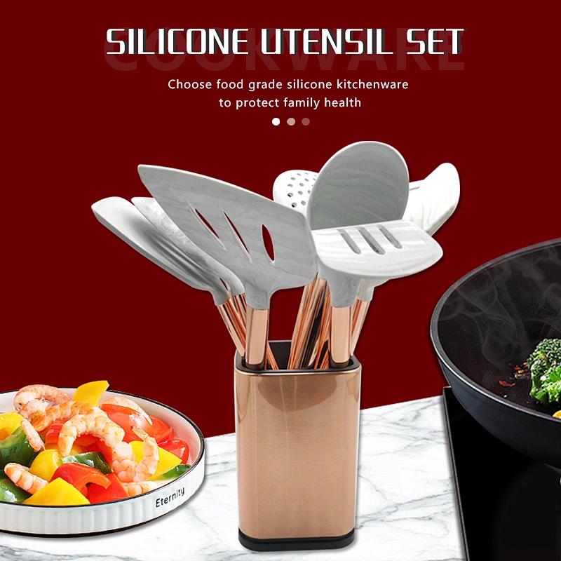 NEW PRODUCTS ROSE GOLD KITCHEN ACCESSORIES UTENSILS COCINA SILICONE KITCHEN UTENSIL SET FOR STAINLESS STEEL HANDLE