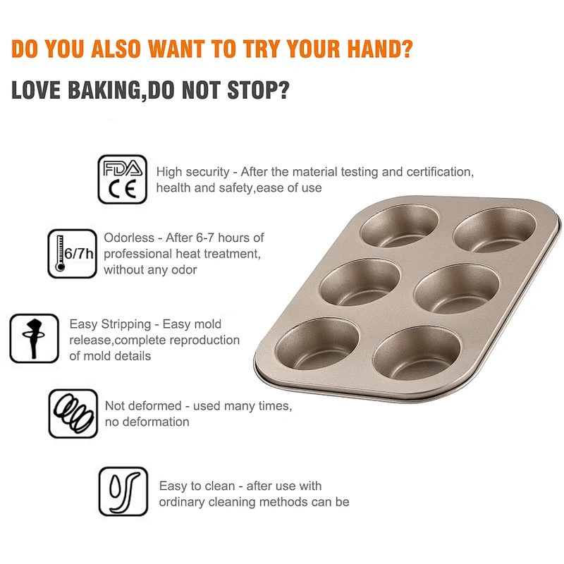 kitchen Wholesale Carbon Steel Cake Baking Tray Non-stick Bakeware 6 holes Baking Pan Molds