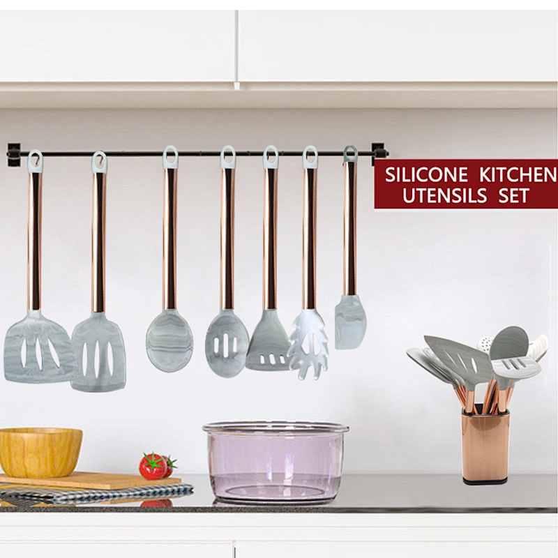 NEW PRODUCTS ROSE GOLD KITCHEN ACCESSORIES UTENSILS COCINA SILICONE KITCHEN UTENSIL SET FOR STAINLESS STEEL HANDLE