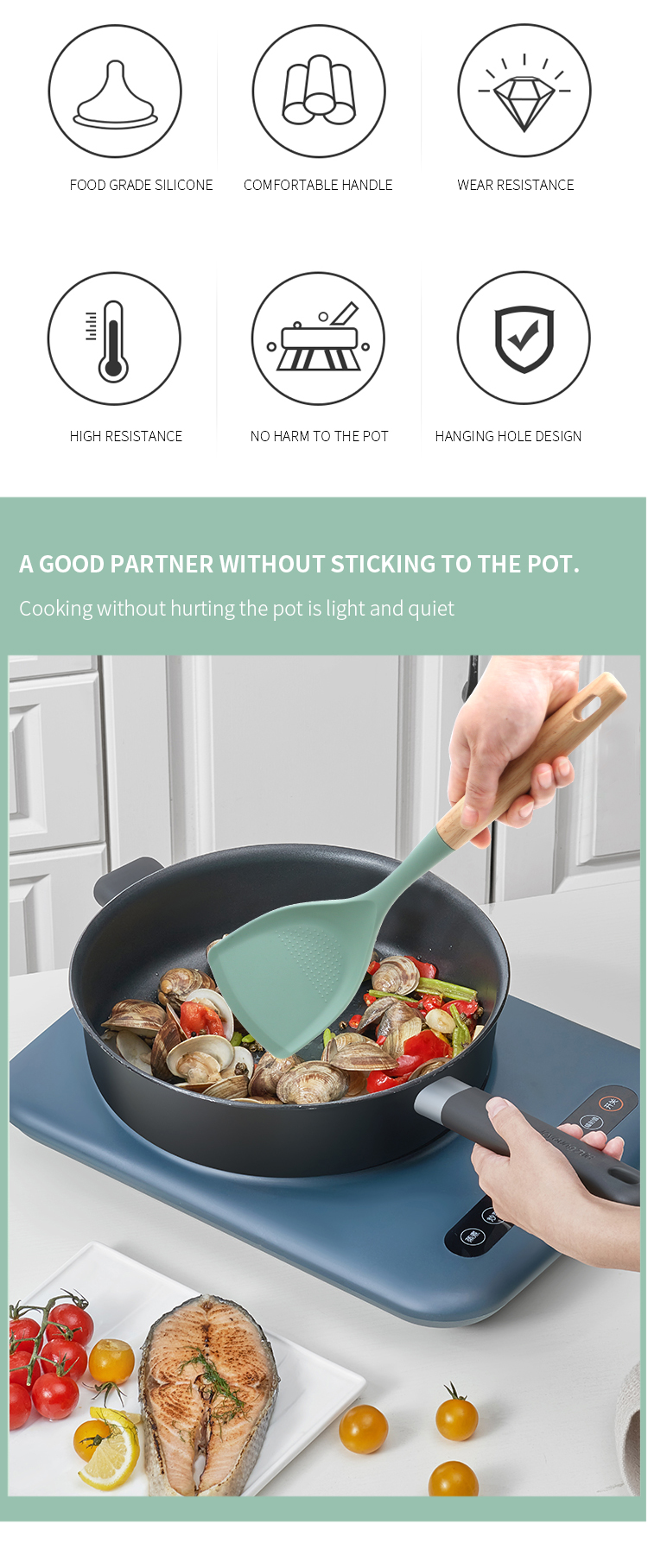 New Products Silicone High Quality Kitchen Turner Heat-resistant Non-slip Cooking Utensils Silicone Turner
