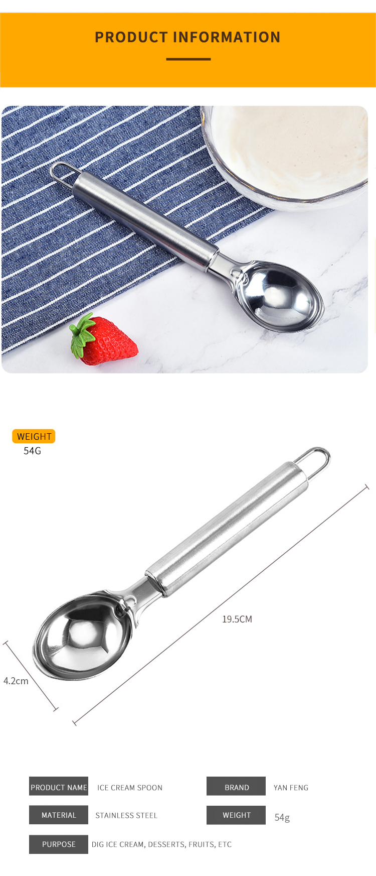 Factory Promotional Wholesale Ice Cream Scoop Kitchen Dessert Spoon Eco-friendly Stainless Steel Ice Cream Tools