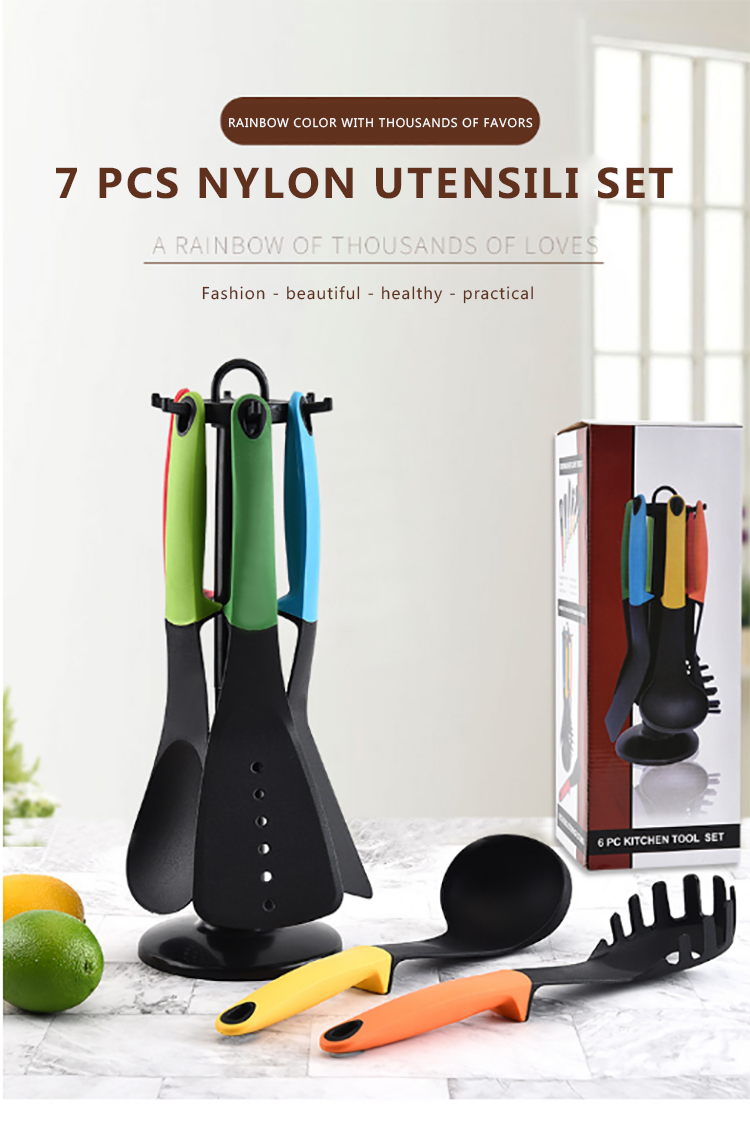 Factory Wholesale Kitchen Utensils Heat Resistant 7 Pieces Nylon Kitchen Utensil Set with Rotating Storage Stand
