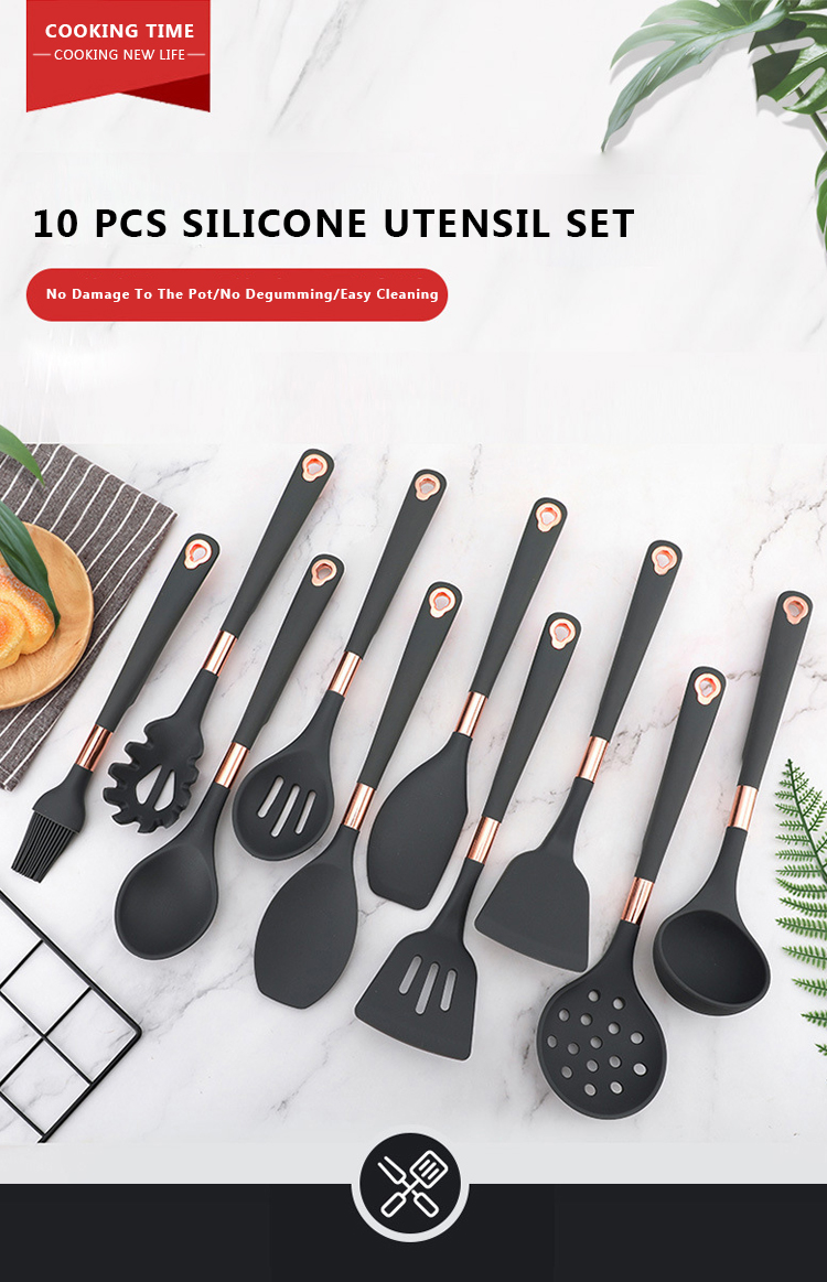 Amazon Hot Selling multi function10 pcs Silicone Cooking Tool Sets Non-Stick cocina de Silicone Kitchen Utensils Sets