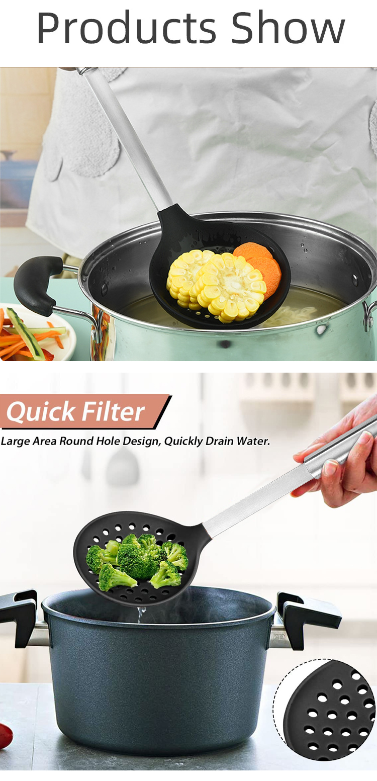 Kitchen Gadgets 304 Stainless Steel Holder Slotted Spoon Scoop Strainer Colander Kitchen Utensil Silicone Skimmer