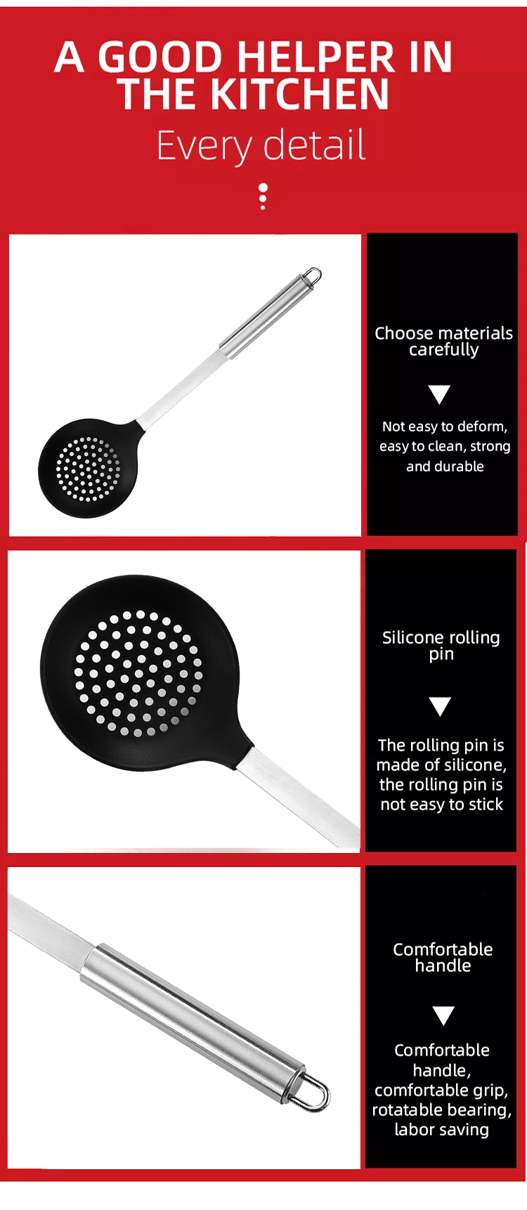 Kitchen Gadgets 304 Stainless Steel Holder Slotted Spoon Scoop Strainer Colander Kitchen Utensil Silicone Skimmer