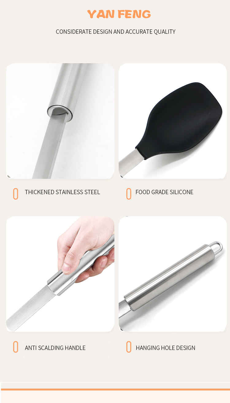FACTORY CUSTOM ECO FRIENDLY 304 STAINLESS STEEL SILICONE SPOON KITCHEN GADGETS SET KITCHEN COOKING SPOONS