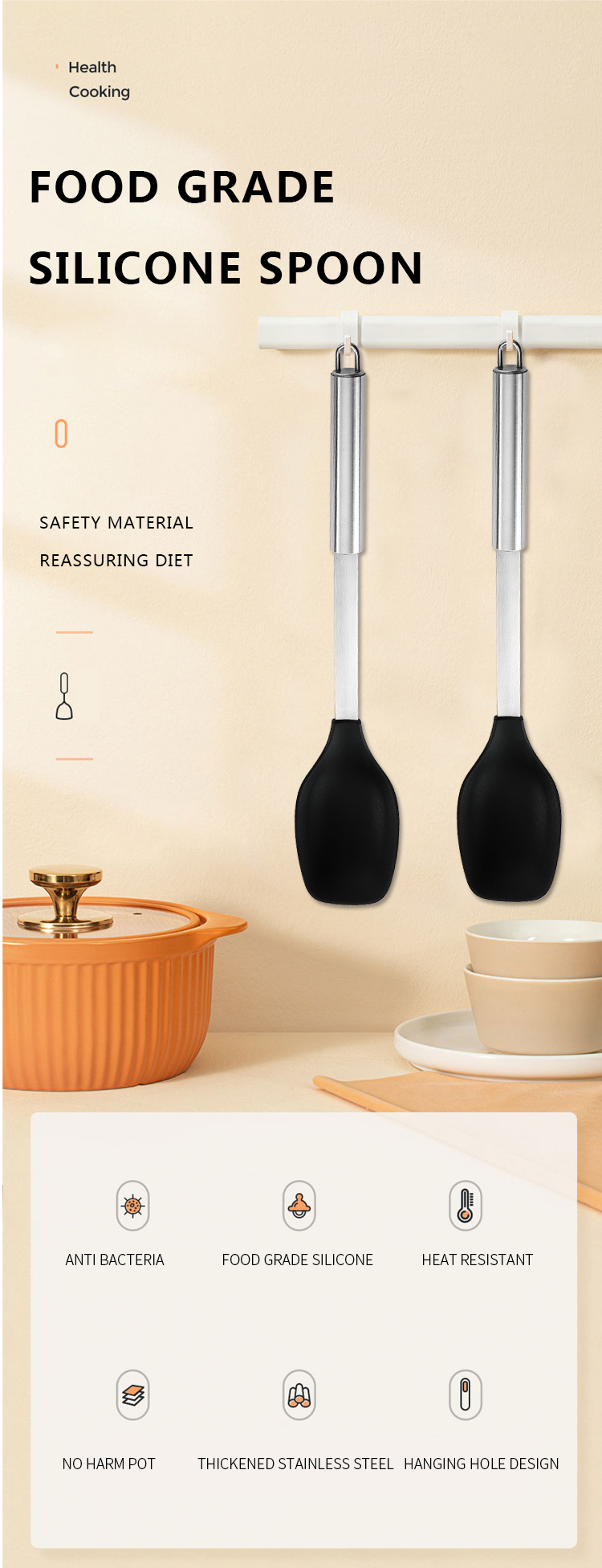 FACTORY CUSTOM ECO FRIENDLY 304 STAINLESS STEEL SILICONE SPOON KITCHEN GADGETS SET KITCHEN COOKING SPOONS