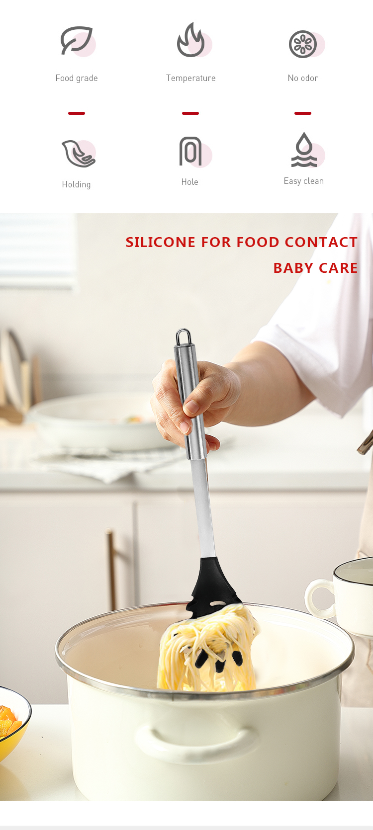 High Quality Stainless Steel Slotted Spaghetti Strainer Server Spoon Kitchen Accessories Silicone Pasta Spaghetti Server