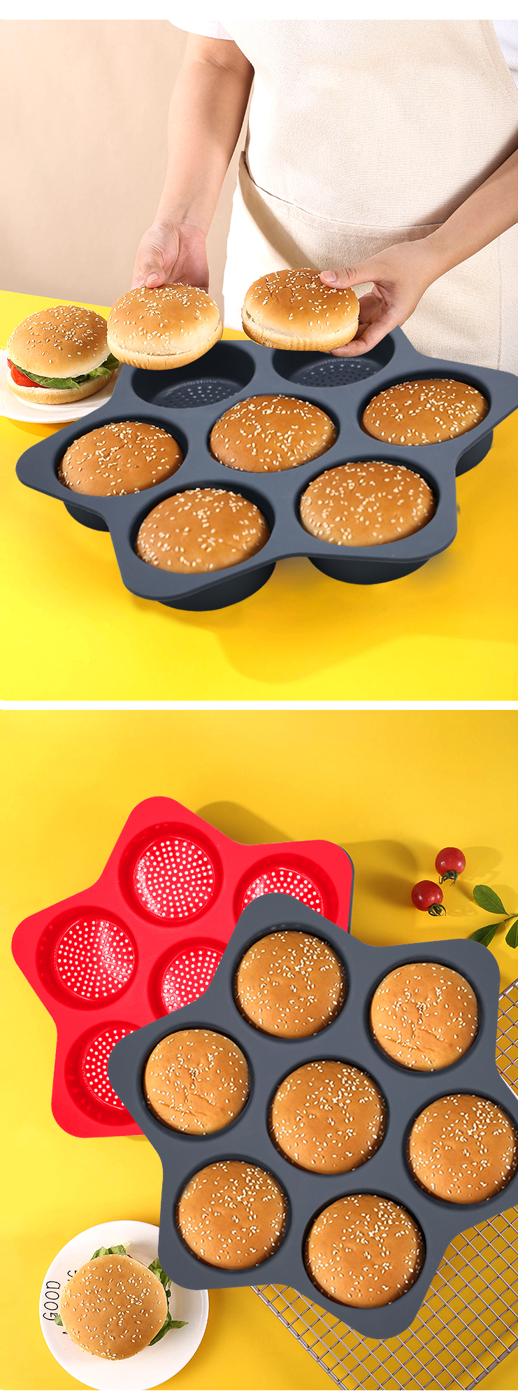 Amazon Hot Sell Eco-friendly Silicone Baking Bread Mold Burger Bun Mold Baking Tools Silicone Hamburger Mold