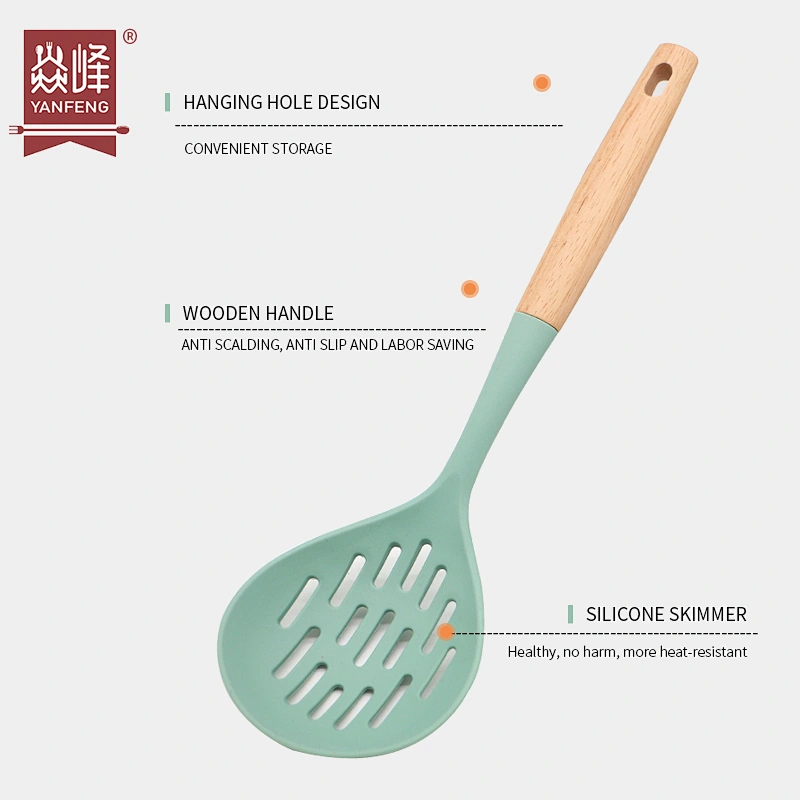 2022 New Products Heat Resistant Kitchen Accessories Utensils Kitchen Gadgets Silicone Cooking Skimmer With Wood Handle