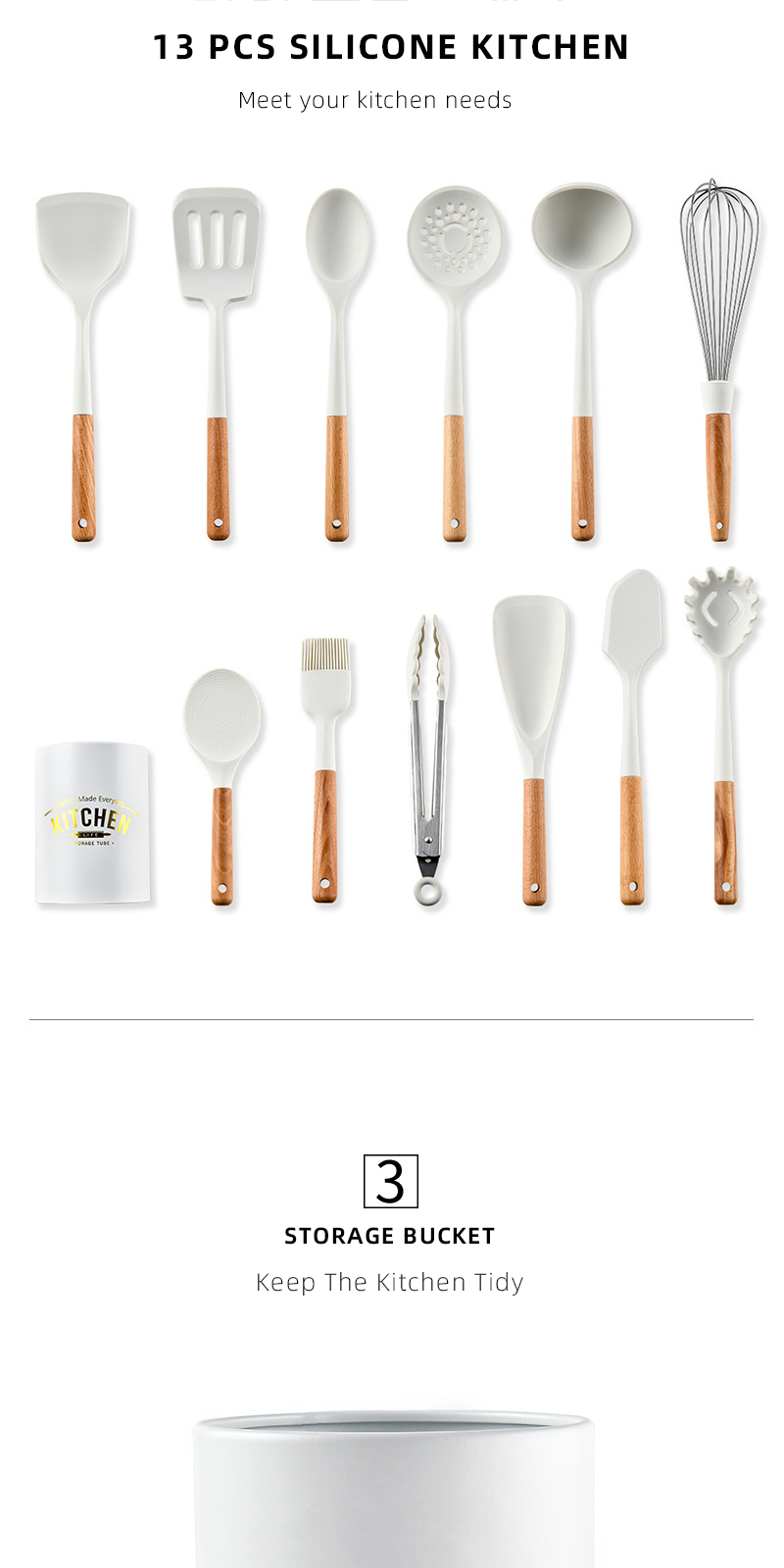 13pcs In 1 Set Wooden Handle Kitchenware Non Stick Kitchen Accessories Silicone Cooking Kitchen Utensil Set