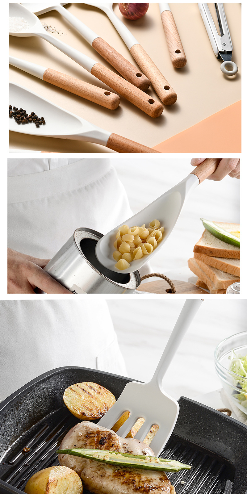 13pcs In 1 Set Wooden Handle Kitchenware Non Stick Kitchen Accessories Silicone Cooking Kitchen Utensil Set