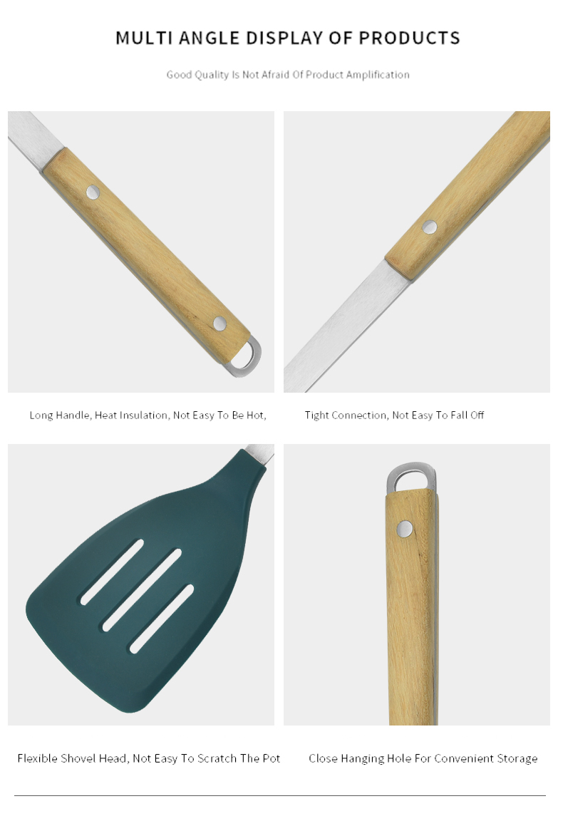 6set wooden handle kitchenware non stick stainless steel kitchen accessories silicone cooking kitchen utensil set