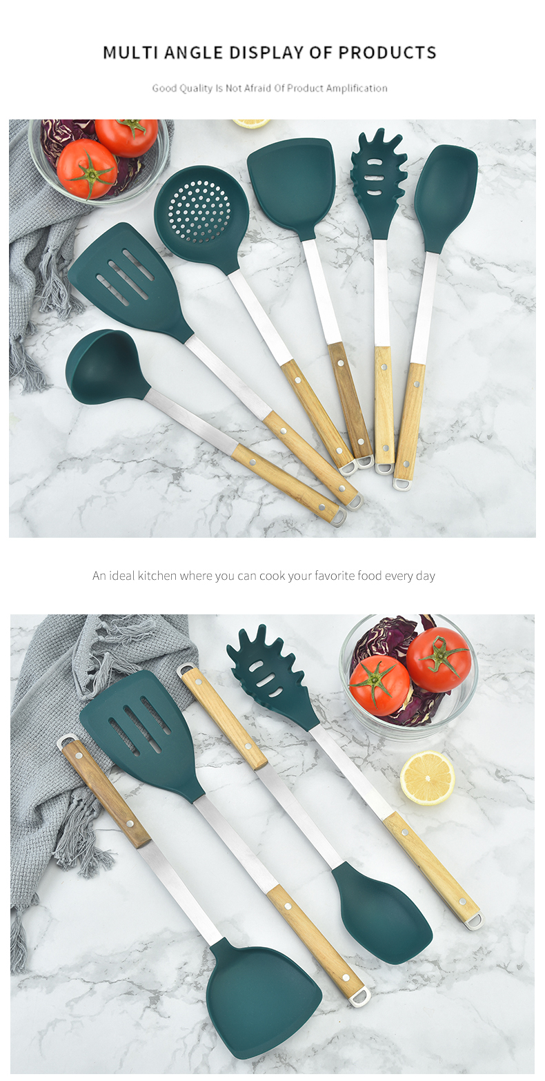 6set wooden handle kitchenware non stick stainless steel kitchen accessories silicone cooking kitchen utensil set