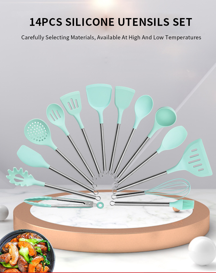 Hot Sale 14Pcs Stainless Steel Handle Silicone kitchen cooking utensils Cookware Kitchen accessories Sets of Kitchen Utensil