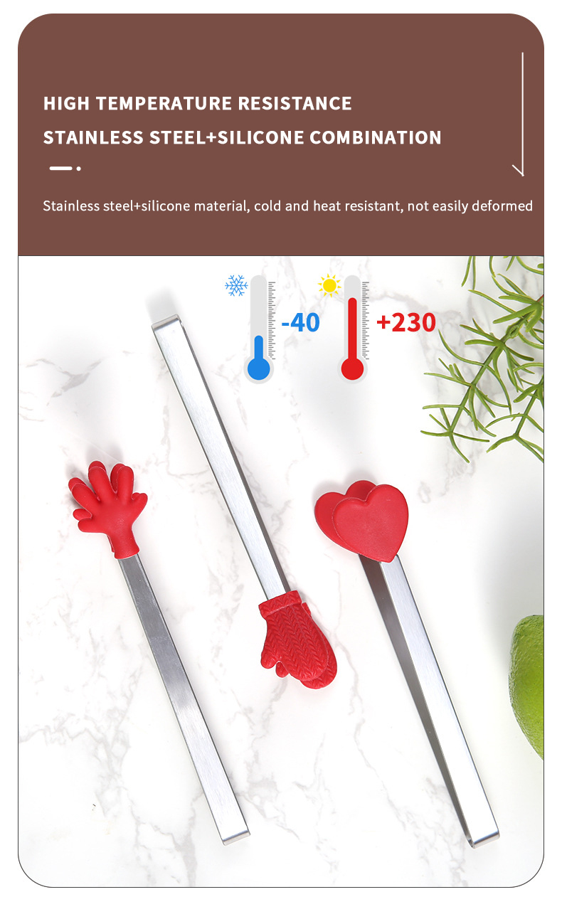 Hot Sale Silicone Mini Clips Salad Serving Bbq Ice Tongs Stainless Steel Handle Utensil Kitchen Tools Hand Shape Food Clip