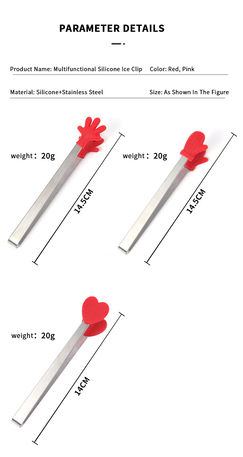 Hot Sale Silicone Mini Clips Salad Serving Bbq Ice Tongs Stainless Steel Handle Utensil Kitchen Tools Hand Shape Food Clip
