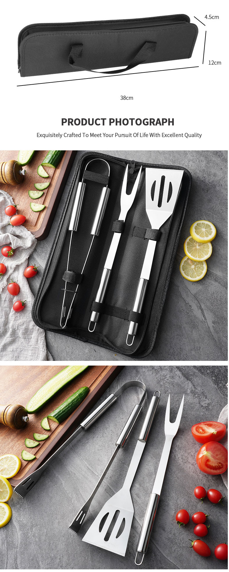 3 Pieces Bbq Tools Set Outdoor Barbecue Grill Utensils Stainless Steel Bbq Grill Combination Set For Bbq Accessories