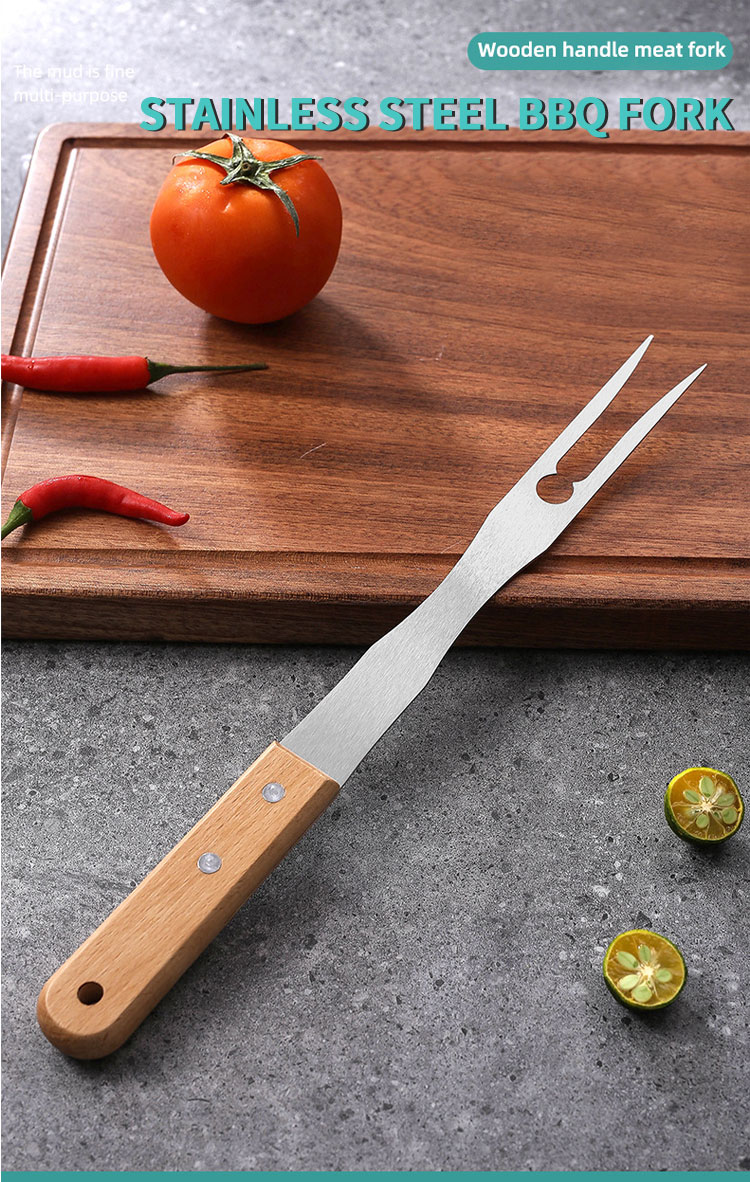 Hot Selling Stainless Steel Kitchen Fork bbq skewersl Barbecue grill Fork Grill Tools Wooden Handle BBQ Fork