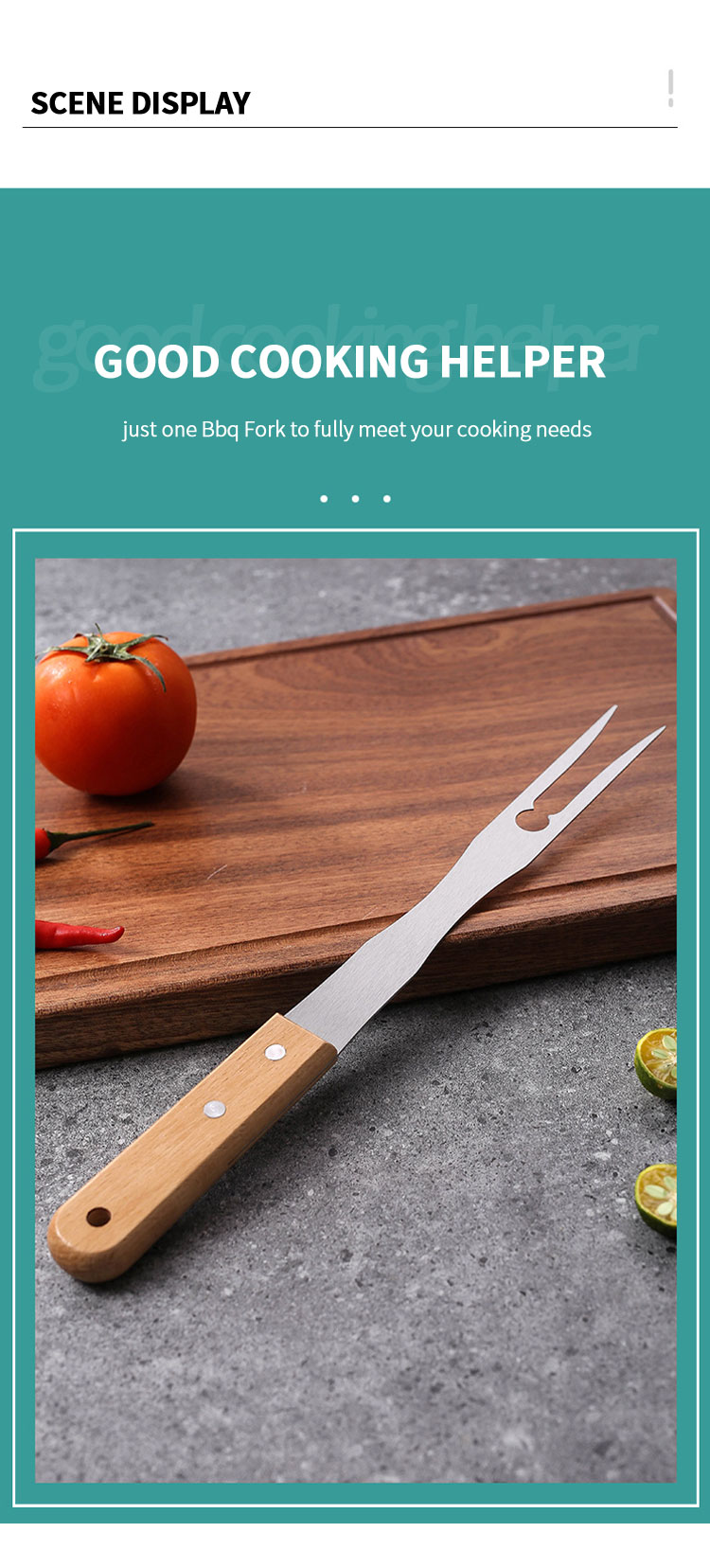 Hot Selling Stainless Steel Kitchen Fork bbq skewersl Barbecue grill Fork Grill Tools Wooden Handle BBQ Fork