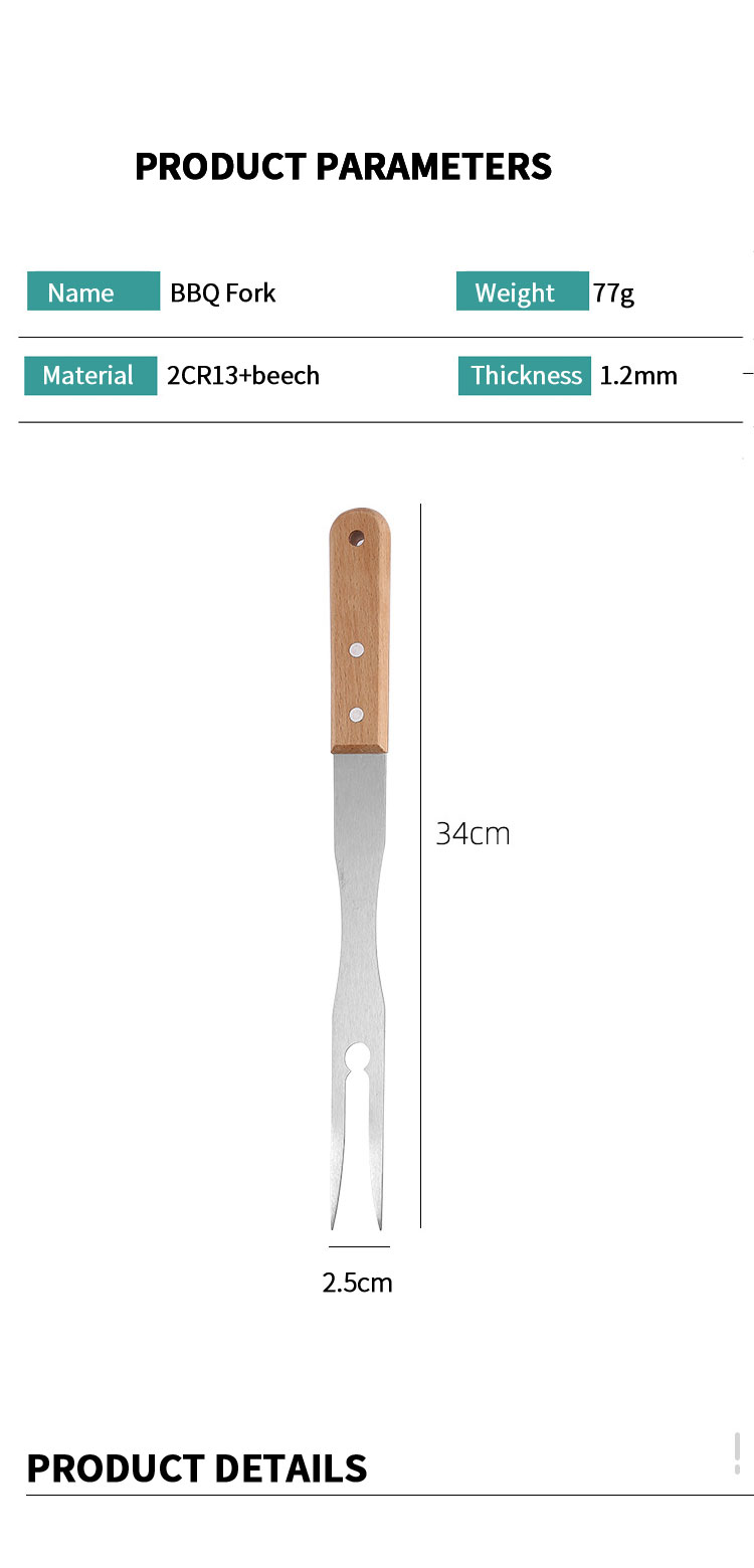 Hot Selling Stainless Steel Kitchen Fork bbq skewersl Barbecue grill Fork Grill Tools Wooden Handle BBQ Fork