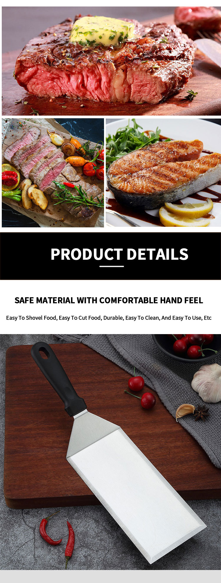 Hot Sale Stainless Steel Large Frying Spatula Grill Accessories Camping Pancake Flipper Griddle Spatula Hamburger Turner Scraper