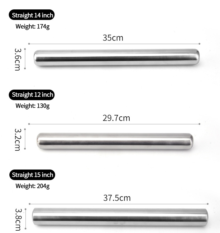 Reusable Sus304 Food Grade Not Stick French Baking Utensils Dough Rolling Pin Smooth Stainless Steel Rolling Pin
