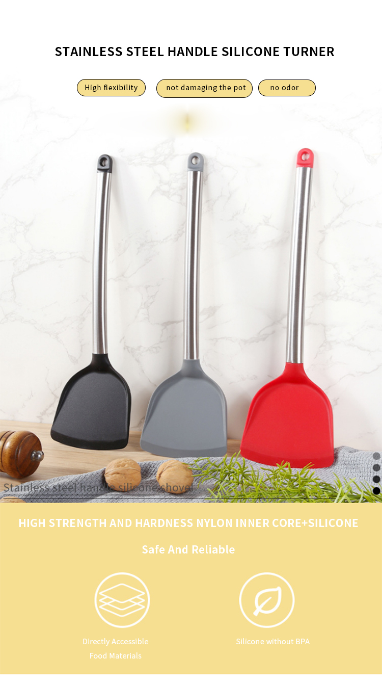 Stainless Steel Handles Silicone Cooking Turner Spatula Heat Resistant Heavy Duty Metal Kitchen Silicone Turner