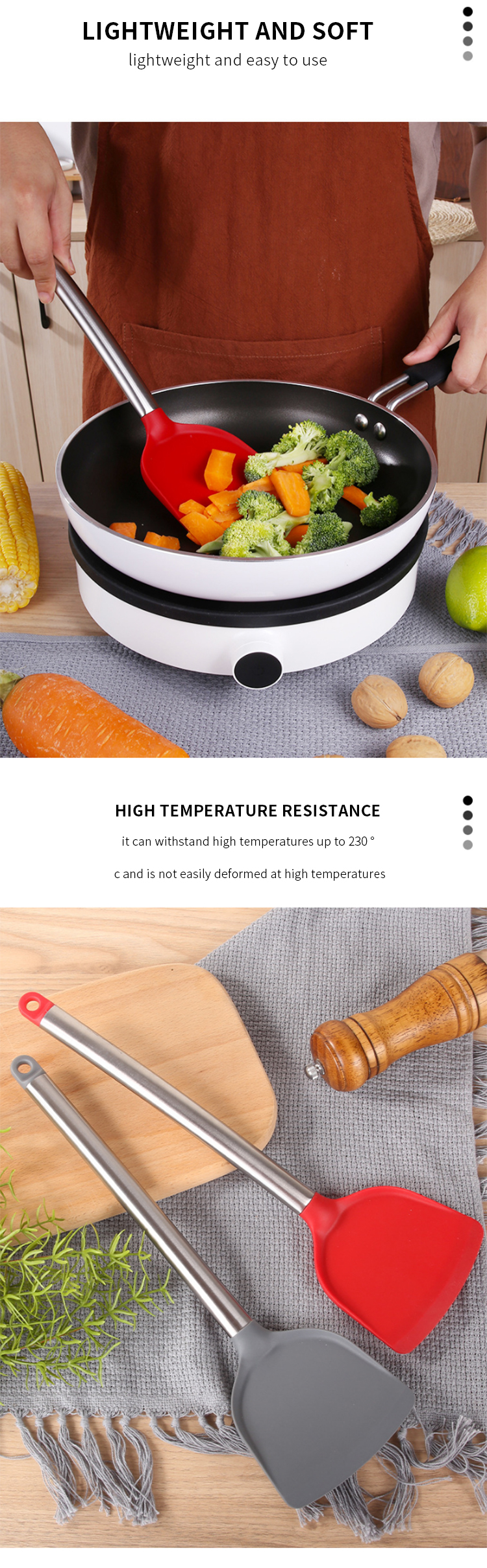 Stainless Steel Handles Silicone Cooking Turner Spatula Heat Resistant Heavy Duty Metal Kitchen Silicone Turner