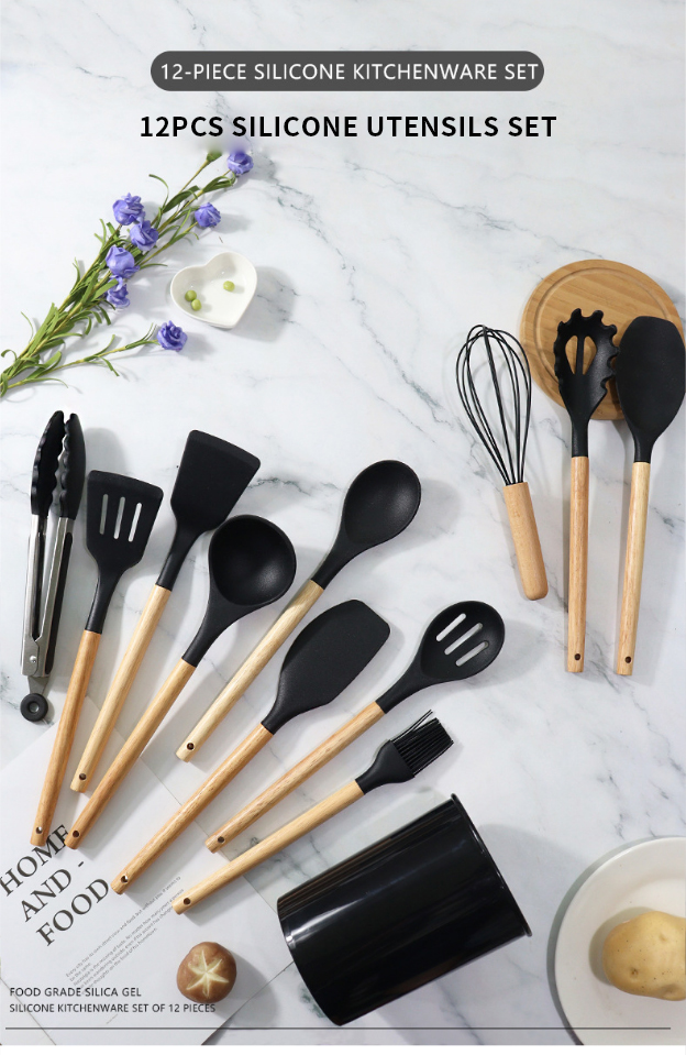 12pcs In 1 Set Wooden Handle Kitchenware Kitchen Accessories Set Non Stick Silicone Cooking Kitchen Utensil Set Tools
