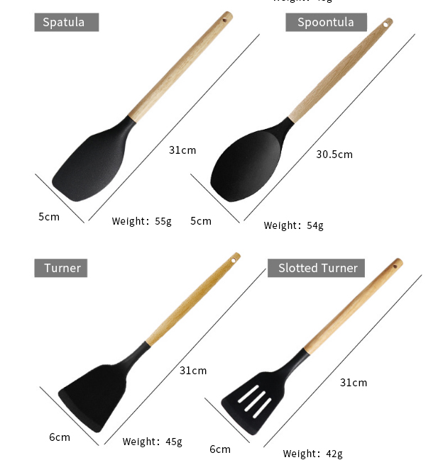 12pcs In 1 Set Wooden Handle Kitchenware Kitchen Accessories Set Non Stick Silicone Cooking Kitchen Utensil Set Tools