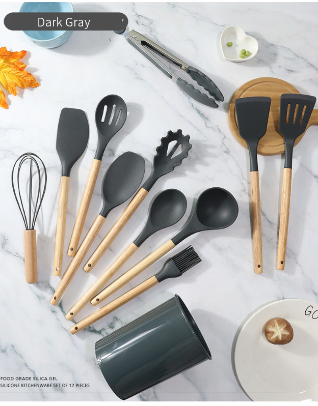 12pcs In 1 Set Wooden Handle Kitchenware Kitchen Accessories Set Non Stick Silicone Cooking Kitchen Utensil Set Tools