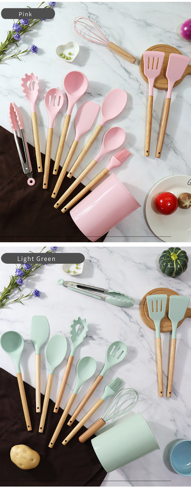 12pcs In 1 Set Wooden Handle Kitchenware Kitchen Accessories Set Non Stick Silicone Cooking Kitchen Utensil Set Tools