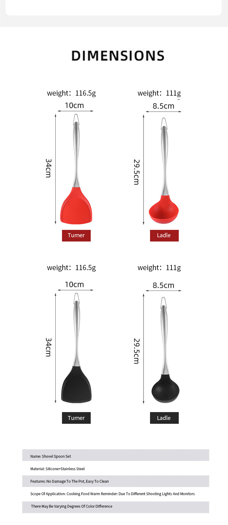 2 Piece Stainless Steel Handle Heat Resistance Innovation Black silicon kitchen tools set With Stainless Steel Core