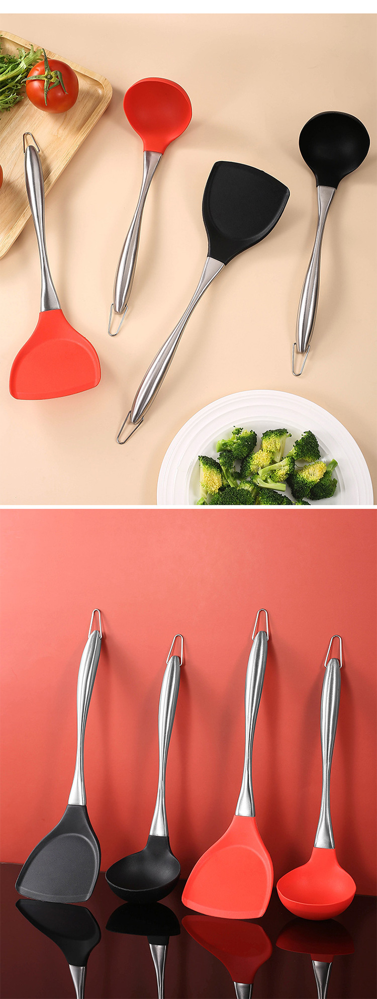 2 Piece Stainless Steel Handle Heat Resistance Innovation Black silicon kitchen tools set With Stainless Steel Core
